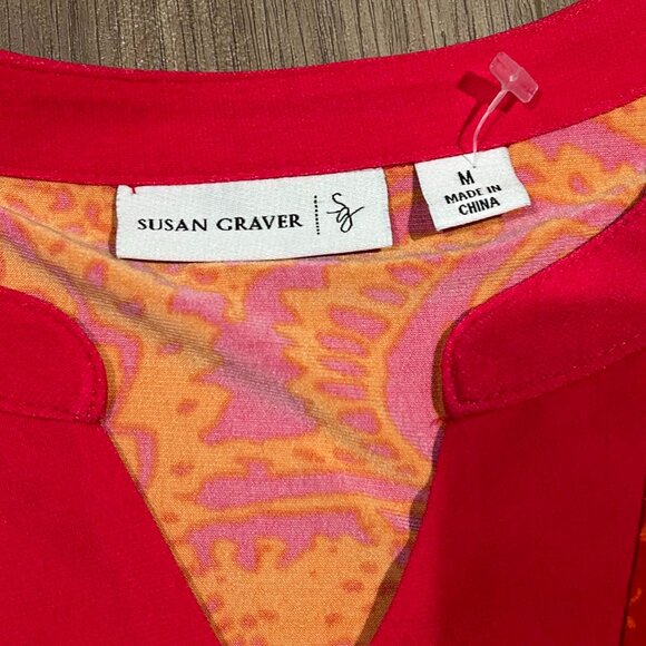 Orange and Red Patterned V-Neck Blouse | Size M - Picture 3 of 3